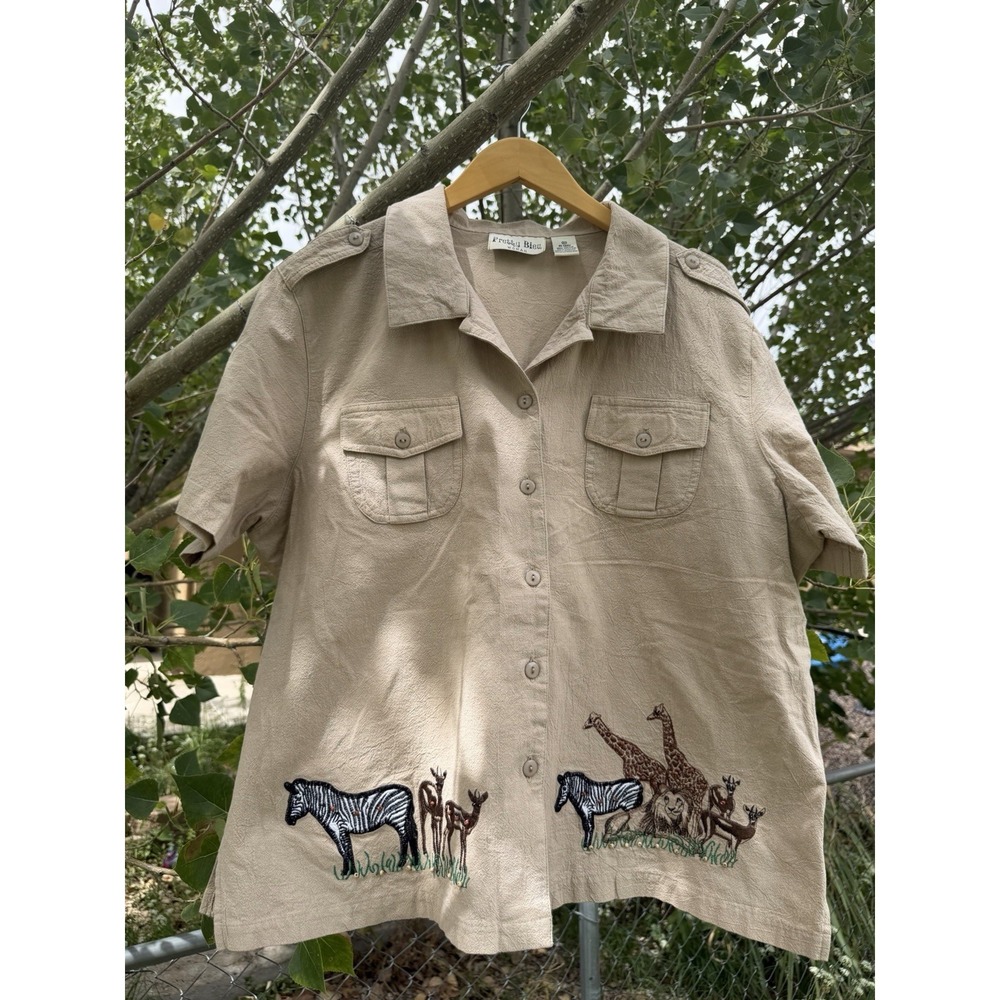 Vintage Pretty Bleu Khaki Safari Animal Embroidered Button Shirt Women 2XLCotton